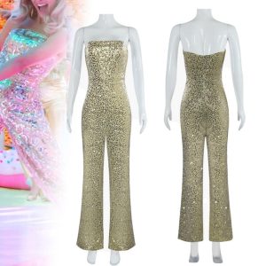 Movie & TV Theme Costumes |   2023 Margot Robbie Gold Disco Jumpsuit Outfit Doll Retro Vintage 1980s Women’s Dancing Queen Movie Cosplay Costume Gold Cosplay & Costumes Gold