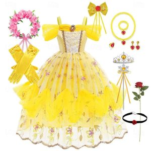 Movie & TV Theme Costumes |   Beauty and the Beast Princess Belle Dress Flower Girl Dress Girls’ Movie Cosplay Cute Wig Only gloves Petticoat Halloween Children’s Day Wedding Wedding Guest Dress Dress Only Cosplay & Costumes Dress Only