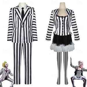 Movie & TV Theme Costumes |   Beetlejuice Beetlejuice Cosplay Costume Outfits Men’s Women’s Movie Cosplay Cosplay Costume Party Black / White Black Halloween Carnival Masquerade Event / Party Masquerade Coat Shirt Skirt Black | White Cosplay & Costumes Black / White