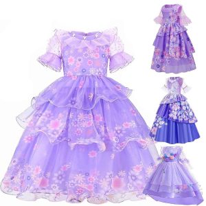 Movie & TV Theme Costumes |   Encanto Fairytale Princess Isabela Madrigal Flower Girl Dress Theme Party Costume Tulle Dresses Girls’ Movie Cosplay Rosy Pink Blue Fuchsia Dress Halloween Carnival Masquerade World Book Day Costumes Dark Blue Cosplay & Costumes Dark Blue