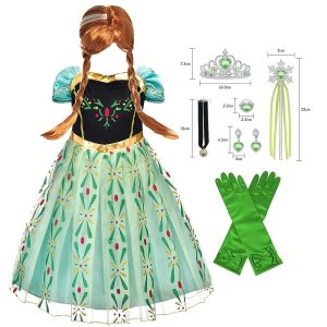 Movie & TV Theme Costumes |   Frozen Fairytale Princess Anna Flower Girl Dress Theme Party Costume Tulle Dresses Girls’ Movie Cosplay Cosplay Halloween  Green (With Accessories) Dress Carnival Masquerade World Book Day Costumes Green (With Accessories) Cosplay & Costumes Green (With Accessories)