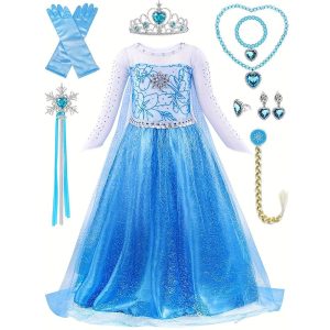 Movie & TV Theme Costumes |   Frozen Fairytale Princess Elsa Flower Girl Dress Theme Party Costume Tulle Dresses Girls’ Movie Cosplay Cosplay Halloween Blue 1 Blue Halloween Carnival Masquerade Wedding Wedding Guest Dress Crown Blue Cosplay & Costumes Blue