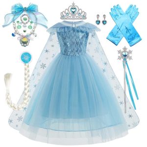 Movie & TV Theme Costumes |   Frozen Fairytale Princess Elsa Flower Girl Dress Theme Party Costume Tulle Dresses Girls’ Movie Cosplay Halloween Blue With Accessories Dress Carnival Masquerade Cotton World Book Day Costumes Blue (With Accessories) Cosplay & Costumes Blue (With Accessories)