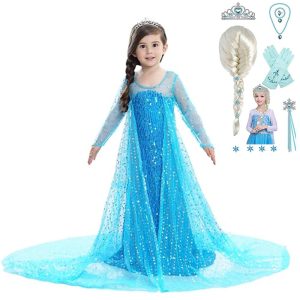 Movie & TV Theme Costumes |   Frozen Princess Elsa Dress Flower Girl Dress Girls‘ Movie Cosplay A-Line Slip Pattern Dress With Accessories Children‘s Day Masquerade Cotton World Book Day Costumes With Wig Blue Cosplay & Costumes Blue