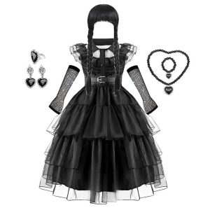 Movie & TV Theme Costumes |   Girls Wednesday Addams Addams Family Dress Wig Accessories Cosplay Outfit Punk & Gothic Ruffle Trim Layered Hem Mesh Dress Costume Dress Up Birthday Party Performance Necklace Ear Clip Fishnet Gloves Black Cosplay & Costumes Black