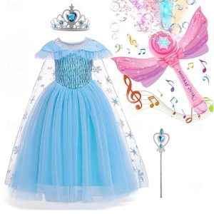 Movie & TV Theme Costumes |   Kids Girls’ Dress W/Electric Bubble  Machine，Frozen Frozen Princess Elsa Cosplay Costume Costume Flower Girl Dress Girls’ Movie Cosplay Cosplay Blue Dress Headwear Wand Blue Cosplay & Costumes Blue