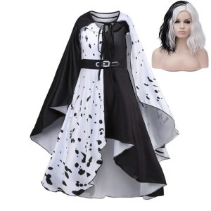 Movie & TV Theme Costumes |   Kids Girls‘ 101 Dalmatians Cruella De Vil Dress Sets 2pcs Polka Dot Performance Halloween Black Asymmetrical Sleeveless Costume Dresses 3-12 Years With Wig Black Cosplay & Costumes Black