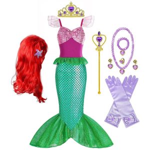 Movie & TV Theme Costumes |   Little Mermaid Mermaid Tail Aqua Princess Dress Theme Party Costume Girls’ Movie Cosplay Cosplay Halloween Wig Purple Accessories Set Blue Dress Carnival Masquerade Cotton World Book Day Costumes Green Cosplay & Costumes Green