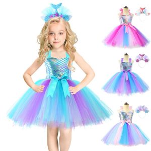 Movie & TV Theme Costumes |   Little Mermaid Mermaid Tail Ariel Aqua Princess Flower Girl Dress Theme Party Costume Tulle Dresses Girls’ Movie Cosplay Halloween Pink Blue Fuchsia Dress Carnival Masquerade World Book Day Costumes Blue Cosplay & Costumes Blue