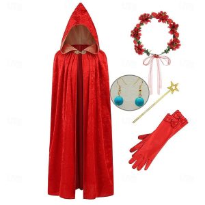 Movie & TV Theme Costumes |   Little Red Riding Hood Princess Fairytale Girls’ Movie Cosplay Cute Red Halloween Children’s Day Gloves Cloak Earrings Red Cosplay & Costumes Movie & TV Theme Costumes