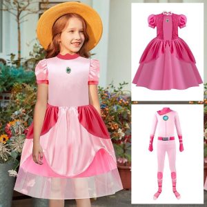 Movie & TV Theme Costumes |   Mario Princess Peach Zentai Suits Cosplay Costume Flower Girl Dress Girls’ Movie Cosplay Red / White Pink Zentai Suits Pink Halloween Carnival Pink Zentai Suits Cosplay & Costumes Movie & TV Theme Costumes