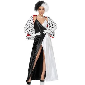 Movie & TV Theme Costumes |   One Hundred and One Dalmatians Cruella De Vil Dress Cosplay Wigs Masquerade Women’s Movie Cosplay Cosplay Costume Sexy Costume Black / White Black Halloween Masquerade Dress Shawl Wig Black | White Cosplay & Costumes Black / White