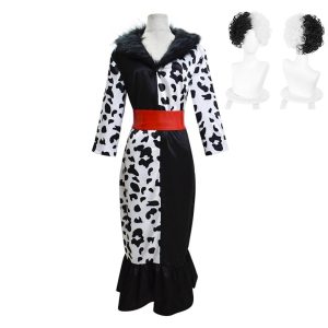 Movie & TV Theme Costumes |   One Hundred and One Dalmatians Cruella De Vil Dress Masquerade Women‘s Movie Cosplay Vacation Black Dress 1 Belt Carnival Masquerade Polyester With Wig Black Cosplay & Costumes Black