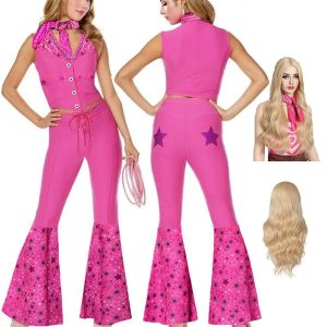 Movie & TV Theme Costumes |   Pink West Cowgirl Outfit Doll Pants Vest Scarf Women‘s Movie Cosplay Y2K Halloween Carnival Masquerade With Wig Pink Cosplay & Costumes Movie & TV Theme Costumes