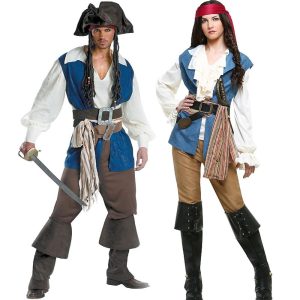 Movie & TV Theme Costumes |   Pirate Halloween Group Couples Costumes Men’s Women’s Movie Cosplay Cosplay Costumes Blue Vest Top Pants Halloween Carnival Masquerade Polyester Blue Cosplay & Costumes Blue