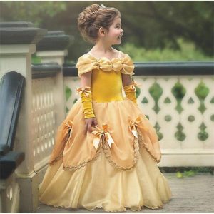 Movie & TV Theme Costumes |   Princess Belle Dress Flower Girl’s Dress with Gloves Off Shoulder Beauty and Beast Cosplay Costume Party Costume Girls’ Kid’s Costume Vintage Cosplay Sleeveless Wedding Guest Yellow Cosplay & Costumes Movie & TV Theme Costumes