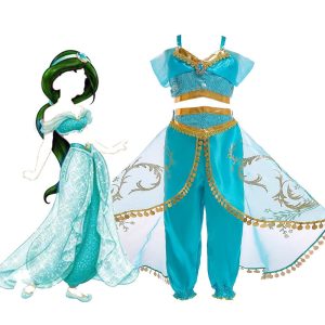 Movie & TV Theme Costumes |   Princess Jasmine Dress Cosplay Costume Flower Girl Dress Girls’ Movie Cosplay A-Line Slip Green LightBlue Top Pants Christmas Carnival Children’s Day World Book Day Costumes Green Cosplay & Costumes Green