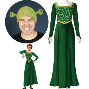 Movie & TV Theme Costumes |   Set with Fiona Maxi Dress Shrek Knit Hat 2 PCS Couples’ Cosplay Costume Women Princess Fiona Dress Shrek Medieval Renaissance Dress Long Sleeves Green Dress Gown Dress Carnival Cosplay Party Outfit Green Cosplay & Costumes Green