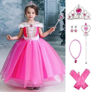 Movie & TV Theme Costumes |   Set with Princess Dress Crown Wand Gloves Earings Necklace Kids Girls Fairytale Princess Belle Aurora Outfits Flower Girl Dress Movie Costume Carnival Children’s Day Book Day Party Fuchsia Cosplay & Costumes Fuchsia