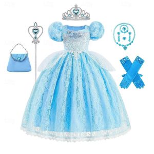 Movie & TV Theme Costumes |   Sleeping Beauty Princess Cinderella Aurora Dress Cosplay Costume Outfits Girls’ Movie Cosplay Cute Pink Blue Halloween Children’s Day Wedding Wedding Guest Dress Bag Necklace Blue Cosplay & Costumes Blue