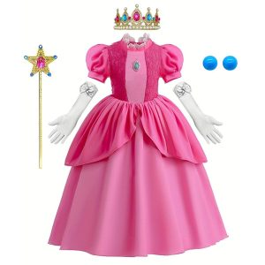 Movie & TV Theme Costumes |   Super Mario Bros Princess Peach Dress Gloves Crown Girls’ Movie Cosplay Pattern Dress Cosplay Costume Pink Outfit Pink Children’s Day Masquerade Dress Accessory Set Pink Outfit Cosplay & Costumes Movie & TV Theme Costumes