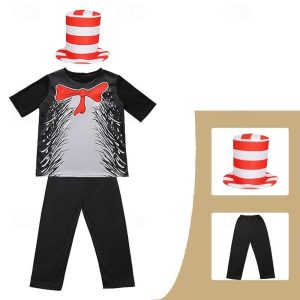 Movie & TV Theme Costumes |   The Cat in the Hat Cosplay Cosplay Costume Outfits Boys Girls’ Movie Cosplay Cosplay Halloween Black Black 2 Halloween Carnival Masquerade Top Dress Pants Black Cosplay & Costumes Black