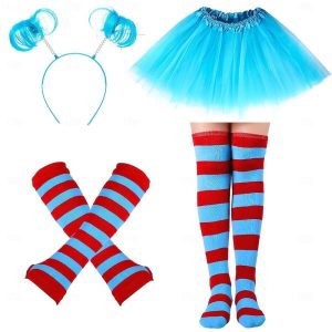 Movie & TV Theme Costumes |   The Cat in the Hat Cosplay Thing One Thing Two Cosplay Costume Gloves Socks / Long Stockings Women’s Girls’ Movie Cosplay Halloween Blue Halloween Carnival Children’s Day Skirt Gloves Socks Blue Cosplay & Costumes Blue