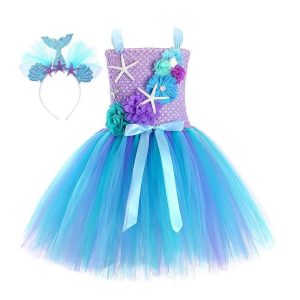 Movie & TV Theme Costumes |   The Little Mermaid Ariel Dress Flower Girl Dress Tulle Dresses Girls’ Movie Cosplay Cosplay Blue Children’s Day Masquerade Wedding Wedding Guest Dress Blue Cosplay & Costumes Blue