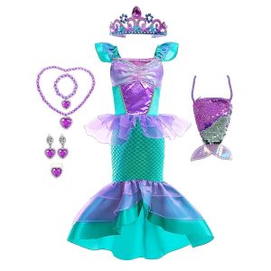 Movie & TV Theme Costumes |   The Little Mermaid Little Mermaid Mermaid Tail Aqua Princess Dress Theme Party Costume Girls’ Movie Cosplay Cosplay Halloween Purple Halloween Carnival Masquerade Dress Accessory Set Purple Cosplay & Costumes Movie & TV Theme Costumes