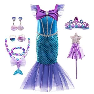 Movie & TV Theme Costumes |   The Little Mermaid Little Mermaid Mermaid Tail Aqua Princess Dress Theme Party Costume Girls’ Movie Cosplay Cosplay Halloween Purple Halloween Carnival Masquerade Dress Accessory Set Purple Cosplay & Costumes Movie & TV Theme Costumes