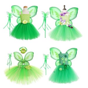 Movie & TV Theme Costumes |   Tinker Bell Fairytale Princess Tiana Dress Flower Girl Dress Tulle Dresses Girls’ Movie Cosplay Cosplay Gray & Green Yellow Dark Green Children’s Day Masquerade Dress Gray & Green Cosplay & Costumes Gray & Green