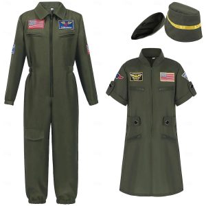 Movie & TV Theme Costumes |   Top Gun Pilot Cosplay Costume Outfits Costume Boys Girls’ Movie Cosplay Cosplay Green Masquerade Event / Party Leotard / Onesie Dress Hat Green Cosplay & Costumes Green