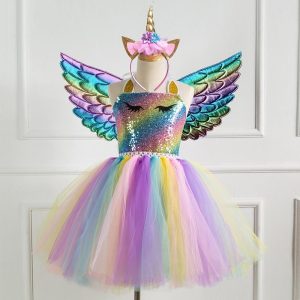 Movie & TV Theme Costumes |   Unicorn Dress Girls’ Movie Cosplay Vacation Dress New Year’s Golden Silver Dark Blue Dress Wings Headwear Christmas Halloween Carnival Polyester Polyester / Cotton World Book Day Costumes Light Blue Cosplay & Costumes Light Blue