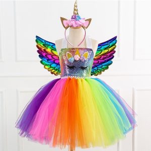 Movie & TV Theme Costumes |   Unicorn Dress Wings Headband Girls’ Movie Cosplay Dance Tight Tutus Vacation Dress Golden Blue Rainbow Dress Wings Headwear Halloween Carnival Princess World Book Day Costumes Blue Cosplay & Costumes Blue