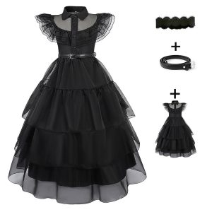 Movie & TV Theme Costumes |   Wednesday Addams Addams family Wednesday Dress Masquerade Girls’ Movie Cosplay Cosplay Black Halloween Carnival Masquerade Dress Belt Necklace Black Cosplay & Costumes Black