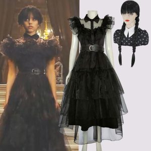 Movie & TV Theme Costumes |   Wednesday Addams Addams family Wednesday Dress Women‘s Girls‘ Movie Cosplay Gothic Black Dress Belt Masquerade Polyester World Book Day Costumes With Wig Black Cosplay & Costumes Black