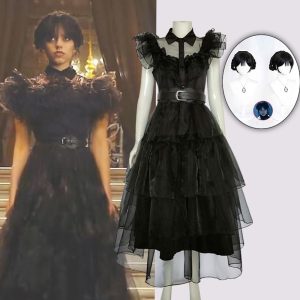 Movie & TV Theme Costumes |   Wednesday Addams Addams family Wednesday Dress Women‘s Girls‘ Movie Cosplay Gothic Black Dress Belt Masquerade Polyester World Book Day Costumes With Wig Black Cosplay & Costumes Black