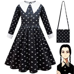 Movie & TV Theme Costumes |   Wednesday Addams Addams family Wednesday Flapper Dress Dress Girls’ Movie Cosplay Active Cute Black Dress Children’s Day Masquerade Polyester World Book Day Costumes Black Cosplay & Costumes Black