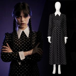 Movie & TV Theme Costumes |   Wednesday Addams Dress Addams Family Cosplay Costume Little Black Dress Punk Gothic Goth Girl Women’s Movie Cosplay Costume Halloween Carnival Masquerade Black Cosplay & Costumes Black