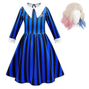 Movie & TV Theme Costumes |   Wednesday Addams Wednesday Dress Girls‘ Movie Cosplay Cosplay Blue Purple Gray Dress Carnival Masquerade Polyester World Book Day Costumes With Wig Blue Cosplay & Costumes Blue