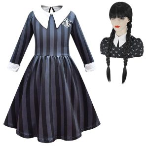 Movie & TV Theme Costumes |   Wednesday Addams Wednesday Dress Girls‘ Movie Cosplay Cosplay Blue Purple Gray Dress Carnival Masquerade Polyester World Book Day Costumes With Wig Gray Cosplay & Costumes Gray