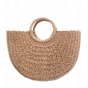 Swimwear & Beachwear |   Women’s Hand Woven Straw Large Beach Bag Round Handle Ring Tote Retro Summer Beach Rattan Bag khaki Cosplay & Costumes Khaki