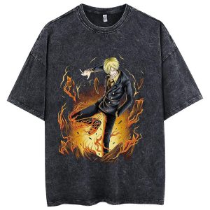 Everyday Cosplay Anime Hoodies & T-Shirts |   One Piece Sanji T-shirt Oversized Acid Washed Tee Punk Gothic T-shirt Retro Vinatge Street Style Hip Hop Unisex Adults Kids Black Cosplay & Costumes Black