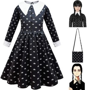 Movie & TV Theme Costumes |   Wednesday Addams Addams family Wednesday Flapper Dress Dress Girls‘ Movie Cosplay Active Cute Black Dress Children‘s Day Masquerade Polyester World Book Day Costumes With Wig Black Cosplay & Costumes Black