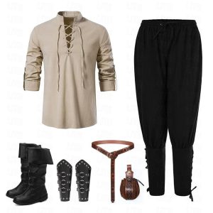 Historical & Vintage Costumes |   Knight Ritter Viking Celtic Knight Medieval Renaissance 17th Century Blouse / Shirt Cosplay Costume Men’s Drawstring Costume Vintage Cosplay Casual Daily Renaissance Fair Long Sleeve Medium Length khaki Cosplay & Costumes Historical & Vintage Costumes