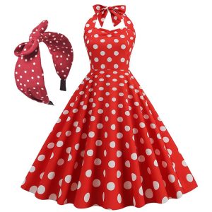 Historical & Vintage Costumes |   Retro Vintage 1950s Vintage Inspired Cocktail Dress Headband Swing Dress Halter Flare Dress Knee Length Women’s Bow Polka Dot Fit & Flare Halter Neck Carnival Party Wedding Party Tea Party Dress Red Cosplay & Costumes Historical & Vintage Costumes