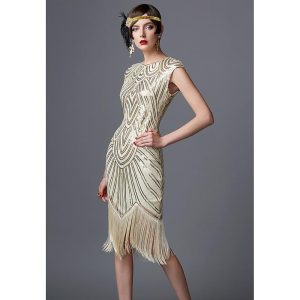 Historical & Vintage Costumes |   Roaring 20s 1920s Cocktail Dress Vintage Dress Flapper Dress Dress Halloween Costumes Prom Dresses Christmas Party Dress Knee Length The Great Gatsby Charleston Women’s Sequins Embroidered Wedding Champagne Cosplay & Costumes Champagne