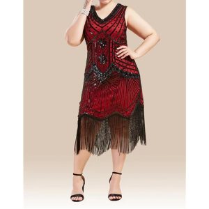 Historical & Vintage Costumes |   Roaring 20s 1920s Cocktail Dress Vintage Dress Flapper Dress Dress Masquerade Prom Dress Plus Size The Great Gatsby Charleston Women’s Sequins Halloween Carnival Wedding Wedding Guest Dress Red & White Cosplay & Costumes Historical & Vintage Costumes