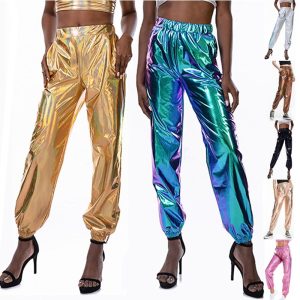 Historical & Vintage Costumes |   Women’s Pants Cargo Pants Loose Pants Hip Hop Dance Costumes Spicy Girls Laser Holographic Shiny 1980s Silver Black Golden Pink Brown Golden Cosplay & Costumes Golden