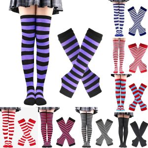 Halloween & Carnival Costumes |   2PCS Over Knee Striped Socks and Long Arm Warm Gloves Set Christmas Socks Women’s Y2K Retro Xmas Accessories 11 Cosplay & Costumes 11